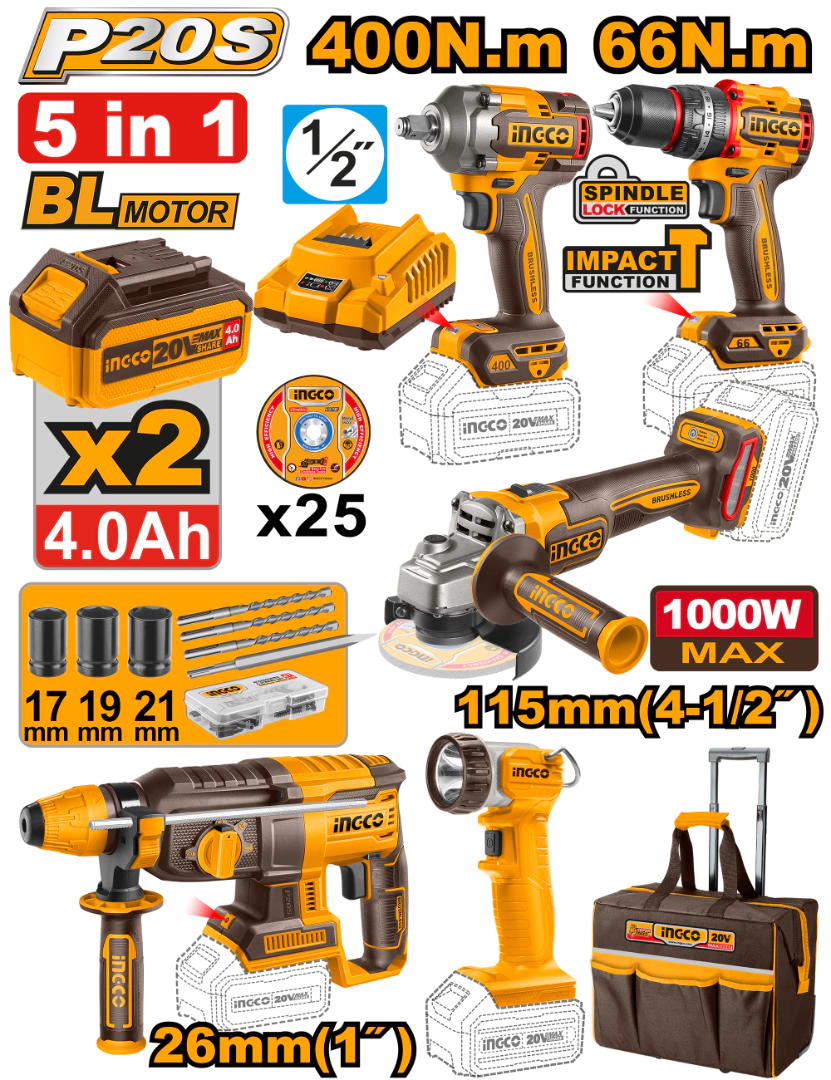COMBO 5 EN 1 BOLSO + ACC + 2BAT + 5 MAQUINAS 20V